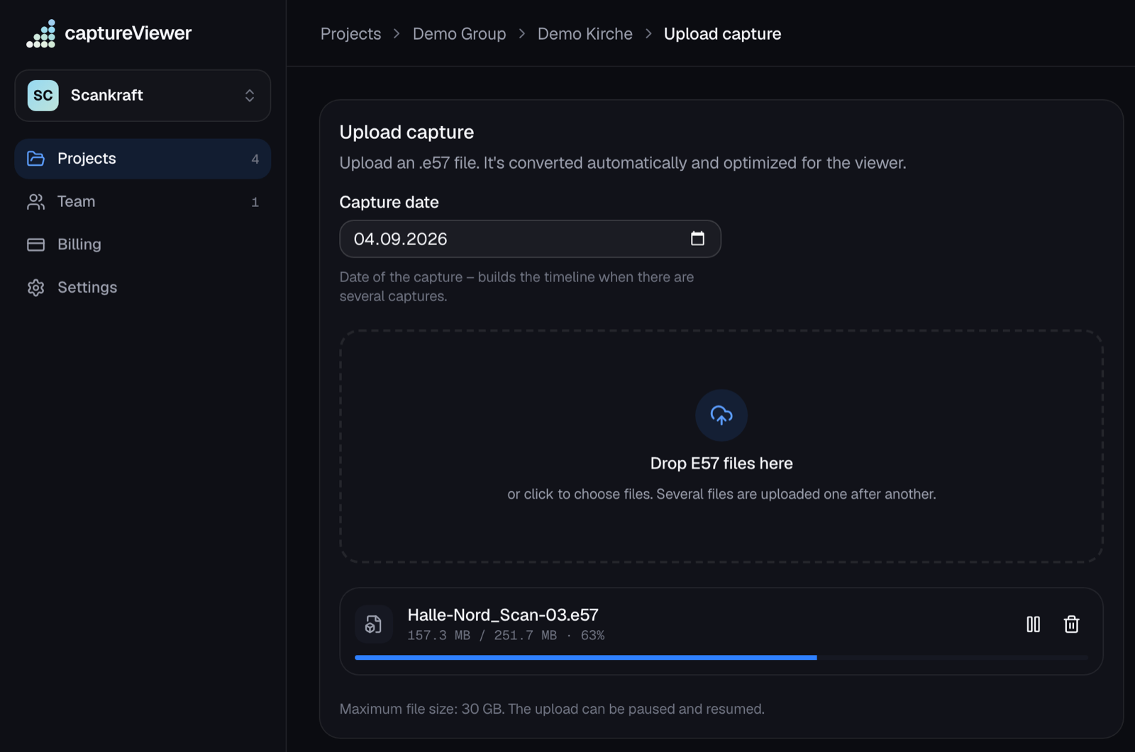 E57 upload in the captureViewer admin with progress bar